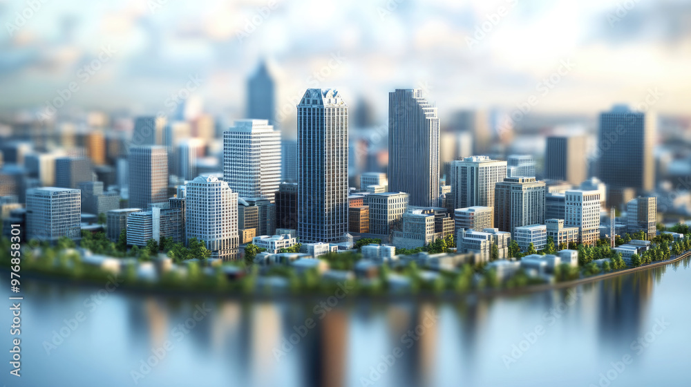 Fototapeta Aerial view of a modern city skyline reflecting on water during a tranquil evening, showcasing skyscrapers and green spaces.