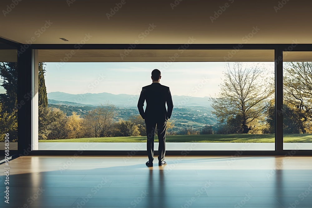Fototapeta premium A professional in a minimalistic setting stands by a large window, offering an unobstructed view, capturing a serene and focused work atmosphere. 