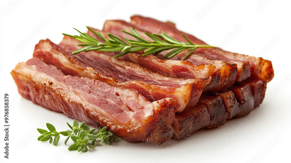 Delicious slices of smoked bacon with fresh herbs on a white background, perfect for culinary and food-themed projects. Delicious slices of smoked bacon with fresh herbs on a white background, perfect for culinary and food-themed projects.