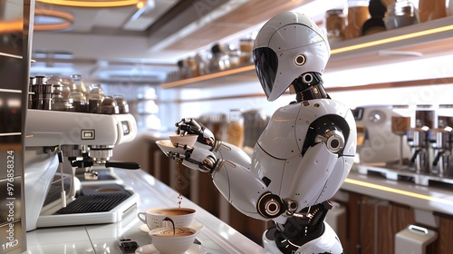 Robotic Barista: A robot barista making a latte in a futuristic café, with precision and flair. 