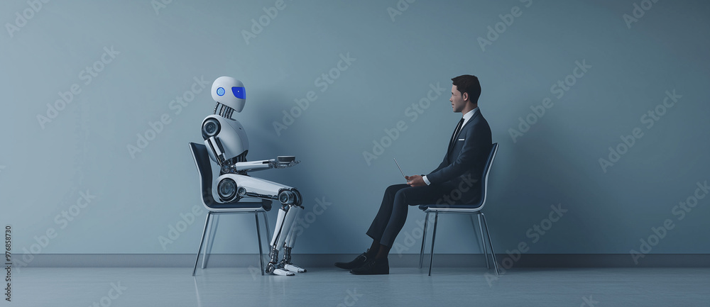 Businessman and AI Robot Sitting with Coffee Before Job Interview: Business Technology Concept Businessman and AI Robot Sitting with Coffee Before Job Interview: Business Technology Concept