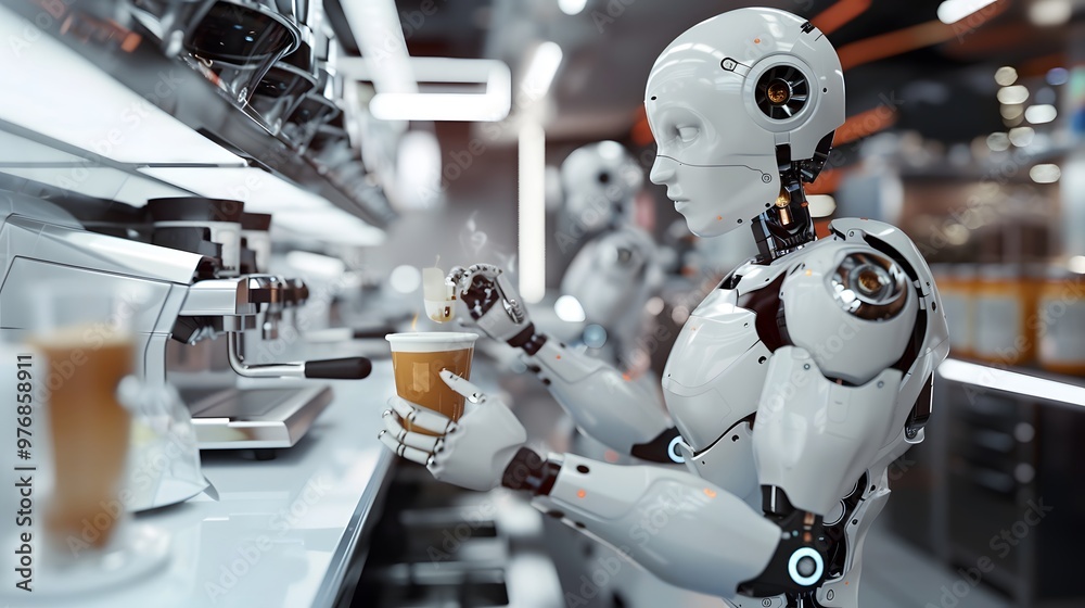 Fototapeta premium Robotic Barista: A robot barista making a latte in a futuristic café, with precision and flair. 