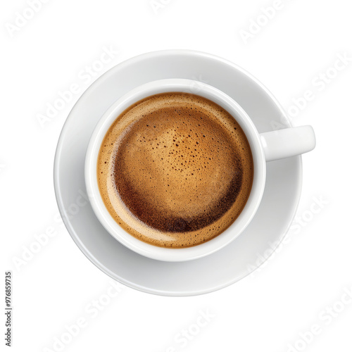 Top view of a fresh cup of coffee in a white mug. Perfect for coffee lovers and beverage enthusiasts