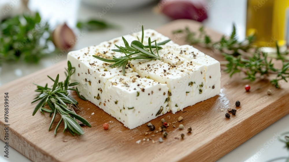 Close-up of white feta cheese, herbs, and rosemary sprigs on a wooden cutting board in a bright kitchen. Fresh and flavorful ingredients ready to serve. Close-up of white feta cheese, herbs, and rosemary sprigs on a wooden cutting board in a bright kitchen. Fresh and flavorful ingredients ready to serve.