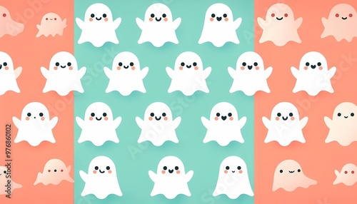 Cute white ghosts pattern on bright color background