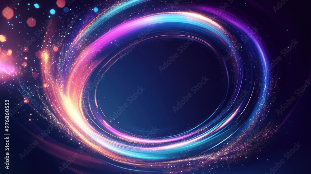 Dynamic Neon Light Ellipse with Glittering Sparks and Flares on a Futuristic Abstract Background, Conveying Motion and Energy Dynamic Neon Light Ellipse with Glittering Sparks and Flares on a Futuristic Abstract Background, Conveying Motion and Energy