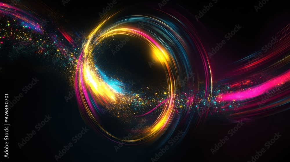 Dynamic Neon Light Ellipse with Glittering Sparks and Flares on a Futuristic Abstract Background, Conveying Motion and Energy Dynamic Neon Light Ellipse with Glittering Sparks and Flares on a Futuristic Abstract Background, Conveying Motion and Energy