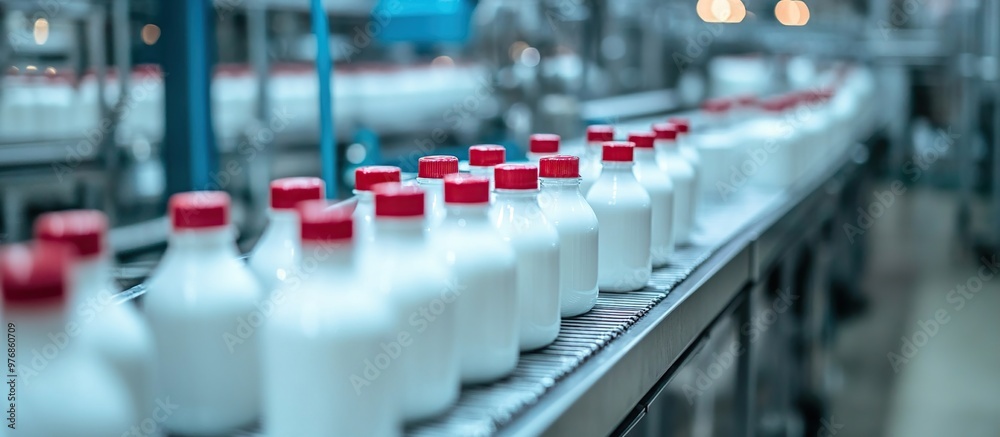 Conveyor Belt of Milk Bottles in a Factory Conveyor Belt of Milk Bottles in a Factory