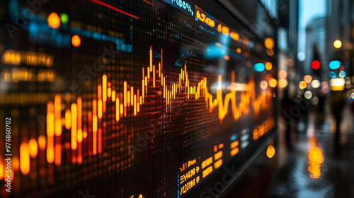 Vibrant stock market display illuminates city streets at dusk with a glowing trading graph and blurred pedestrians in the background