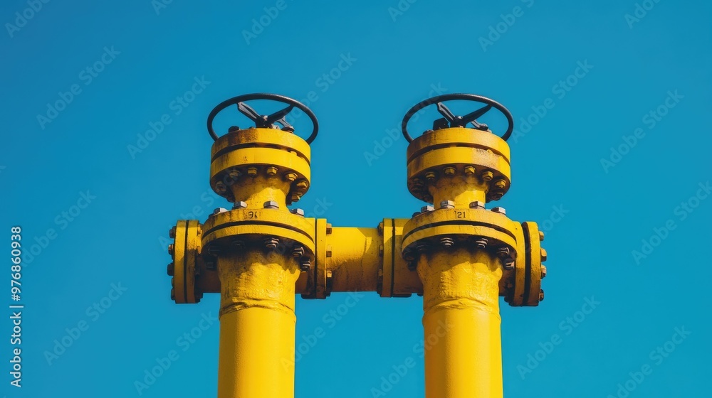 Detailed view of yellow industrial pipes and valves, highlighted by the clear blue sky above. A striking industrial scene. Detailed view of yellow industrial pipes and valves, highlighted by the clear blue sky above. A striking industrial scene.