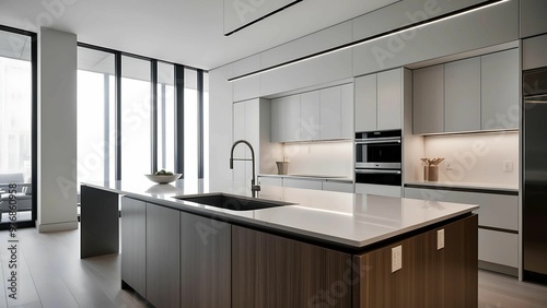 Stunning Modern Kitchen Featuring Elegant Wood Accents and Sleek White Marble Surfaces
