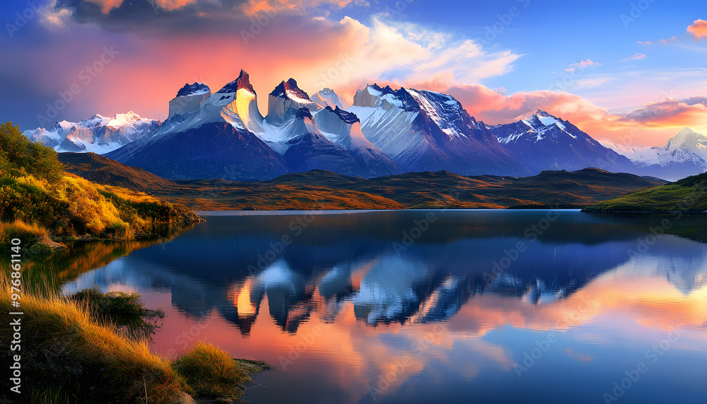 Fototapeta premium Nature Bliss: A serene mountain landscape with a lake reflecting the snowy peaks at sunrise
