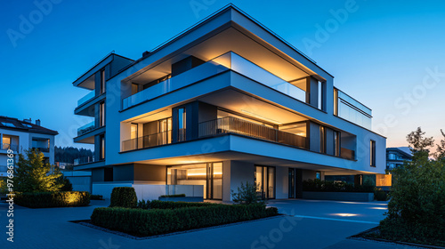 A modern residential building with smart home technology and sleek design.