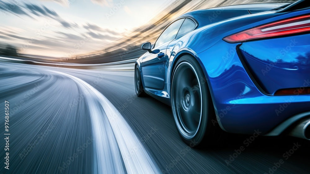 Fast blue car driving down a highway, rear-view perspective with motion blur, speed and performance on display. Fast blue car driving down a highway, rear-view perspective with motion blur, speed and performance on display.