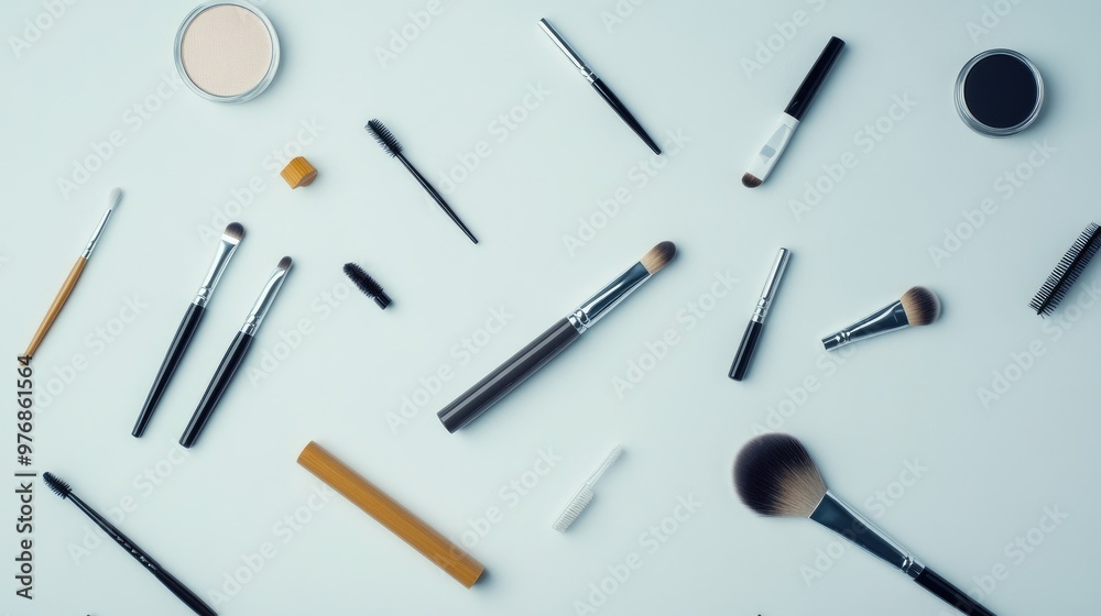 Flat lay of various makeup tools scattered on a minimalist background, offering ample negative space for design or promotional text. Flat lay of various makeup tools scattered on a minimalist background, offering ample negative space for design or promotional text.