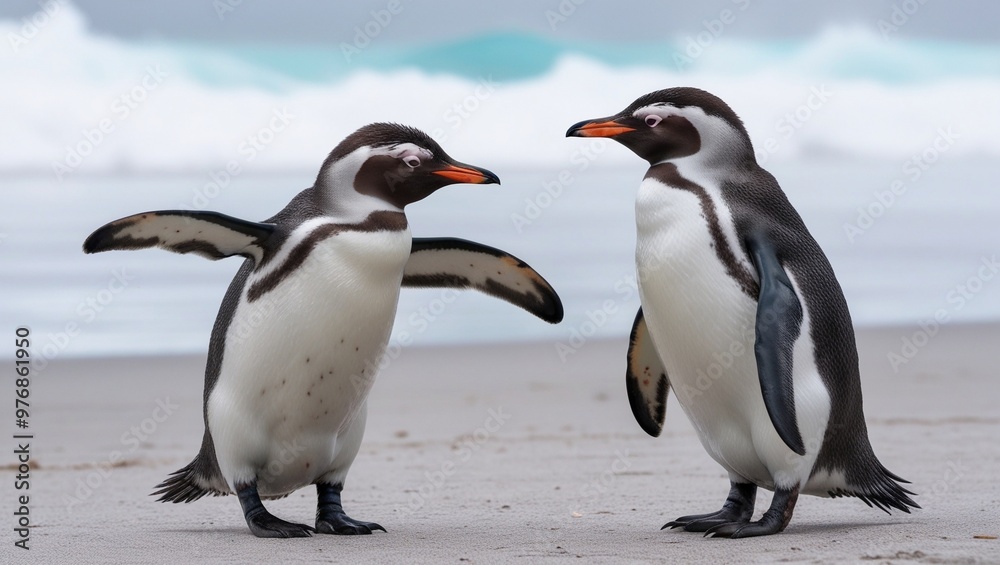 Fototapeta premium Two penguins on the beach are discussing something with each other