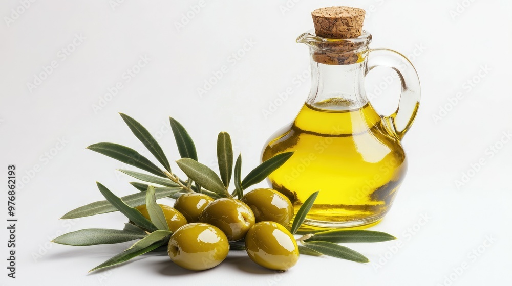 Fresh green olives with leaves and olive oil in a glass bottle on white background Fresh green olives with leaves and olive oil in a glass bottle on white background