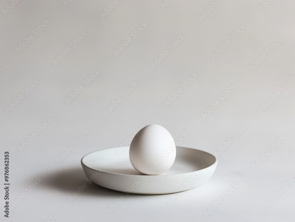 Elegant white egg balanced delicately on a smooth plate against a minimalistic backdrop