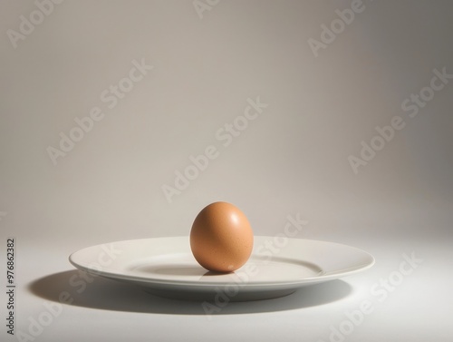 A solitary egg balanced delicately atop a white plate against a soft gradient backdrop