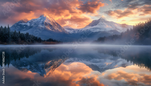 Nature Bliss: A serene mountain landscape with a lake reflecting the snowy peaks at sunrise