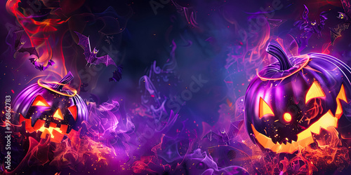 Glowing pumpkin with purple and orange flames, surrounded by bats and smoke on a dark, mystical background, creating a haunting Halloween vibe