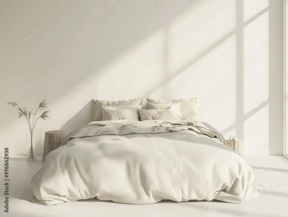 A serene bedroom with soft textures and natural light streaming through large windows A serene bedroom with soft textures and natural light streaming through large windows