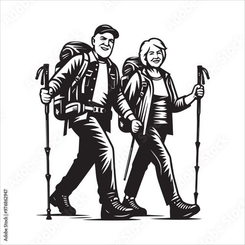 Happy senior couple hiking with trekking sticks vector illustration silhouette