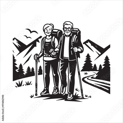 Happy senior couple hiking with trekking sticks vector illustration silhouette