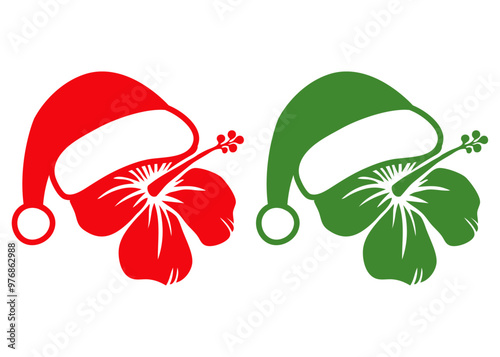 Navidad en Hawái. Logo con silueta de flor de hibisco con sombrero de Santa Claus para tarjetas y felicitaciones