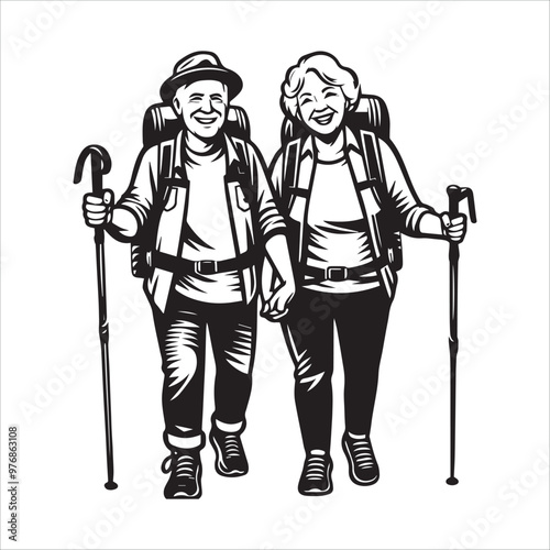 Happy senior couple hiking with trekking sticks vector illustration silhouette