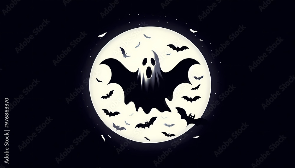 Fototapeta premium Scary white ghost is flying and screaming, surrounded by bats on a dark halloween night