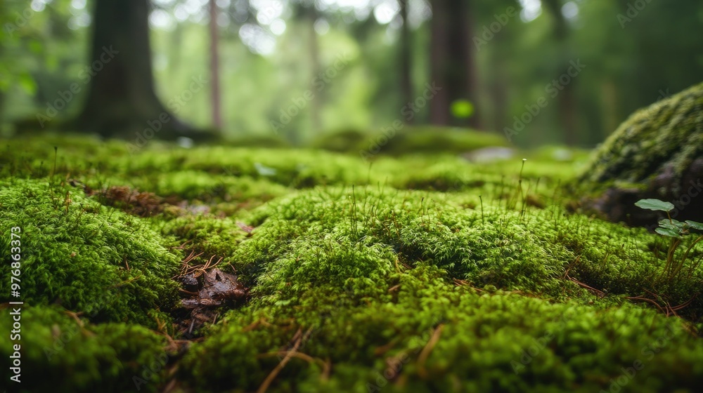 Green moss, richly detailed in close-up, covering forest ground, with a blurred background of trees and nature. Green moss, richly detailed in close-up, covering forest ground, with a blurred background of trees and nature.