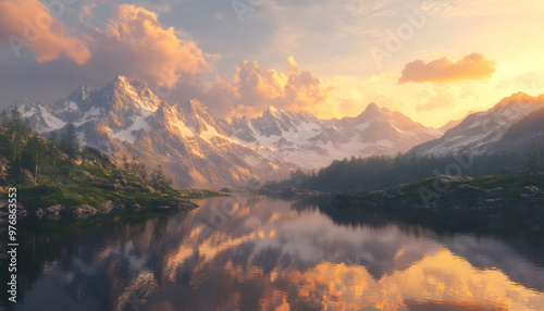 Nature Bliss: A serene mountain landscape with a lake reflecting the snowy peaks at sunrise