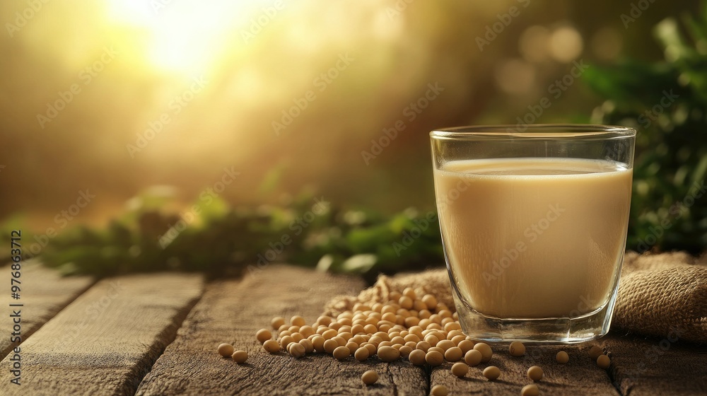 Healthy soy milk in a glass, soybeans placed on a rustic wooden table, early morning light soft in the background. Healthy soy milk in a glass, soybeans placed on a rustic wooden table, early morning light soft in the background.