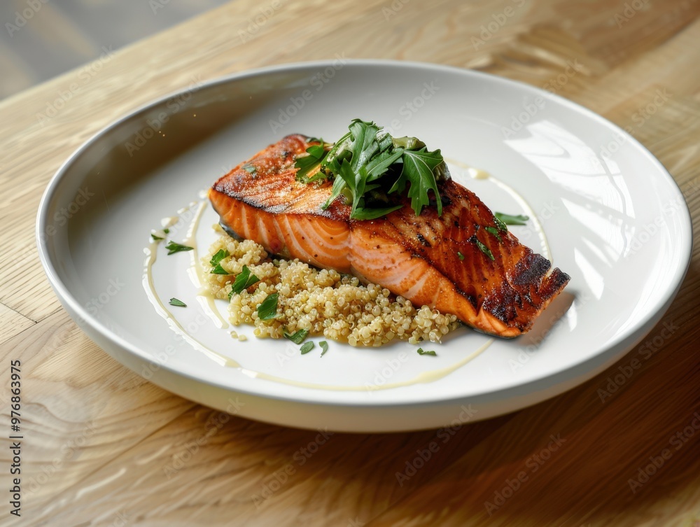 Grilled salmon fillet served over a bed of quinoa with fresh herbs on a wooden table Grilled salmon fillet served over a bed of quinoa with fresh herbs on a wooden table