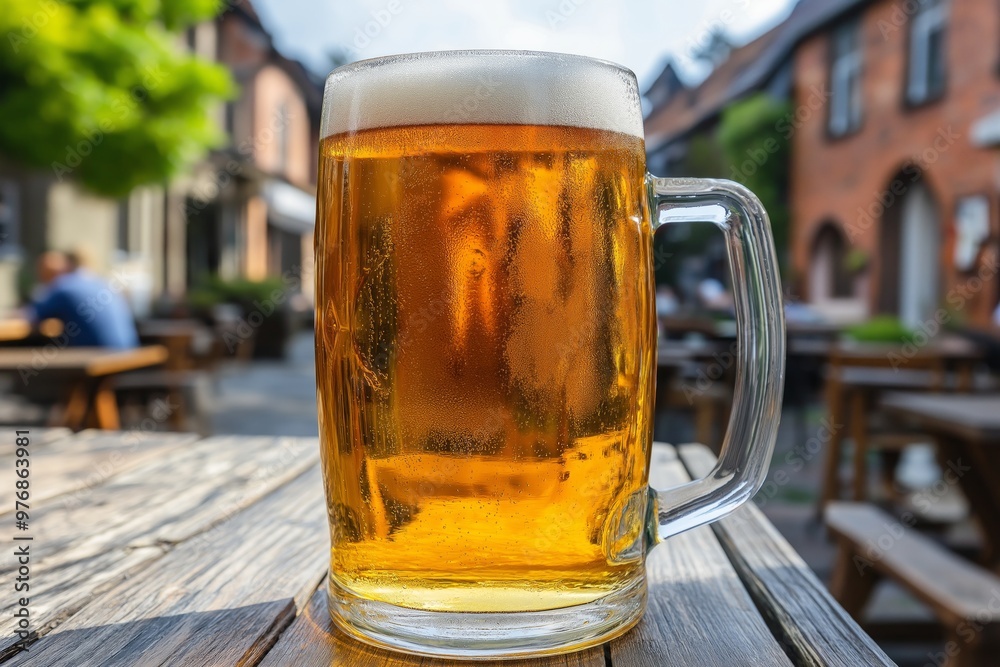 Beer mug on a wooden table at a street cafe, inviting and sunny Beer mug on a wooden table at a street cafe, inviting and sunny