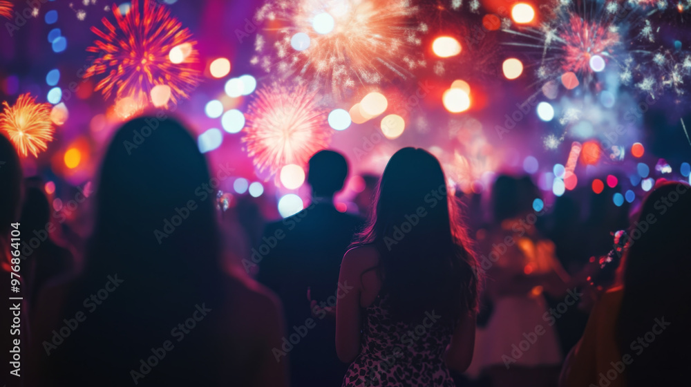 Vibrant Celebration with Confetti and Fireworks in Crowd Vibrant Celebration with Confetti and Fireworks in Crowd