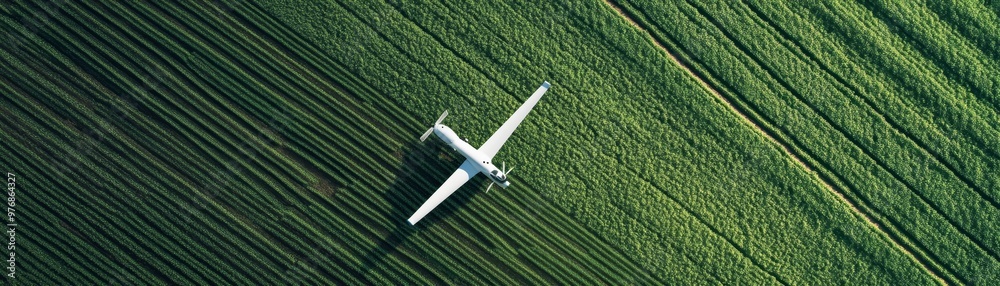 Aerial View of Small Plane Flying Over Green Field Aerial View of Small Plane Flying Over Green Field