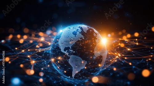 Conceptual art of digital transformation features a globe enveloped by glowing connections