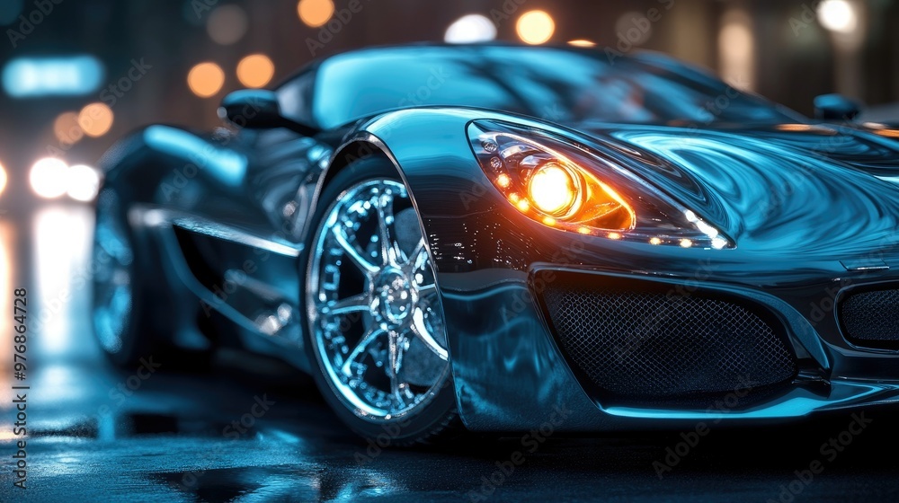 Luxury sports car front view, glowing headlight at night, fast ride, reflecting light on a dark asphalt road. Luxury sports car front view, glowing headlight at night, fast ride, reflecting light on a dark asphalt road.