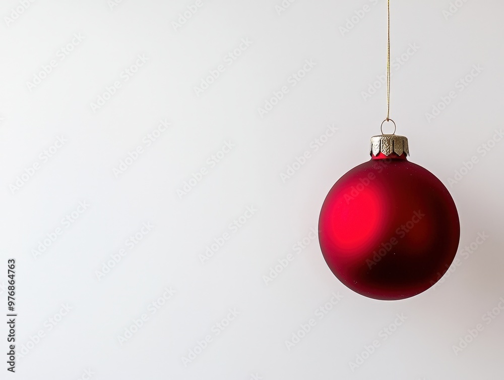 A single red Christmas ornament hanging gracefully against a minimalist white background A single red Christmas ornament hanging gracefully against a minimalist white background