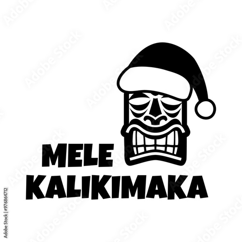 Navidad en Hawái. Logo Feliz Navidad en hawaiano. Mensaje con texto Mele Kalikimaka con silueta de máscara tiki con sombrero de Santa Claus 