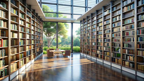 Modern library interior with tall bookshelves and natural light, modern, library, interior, tall bookshelves