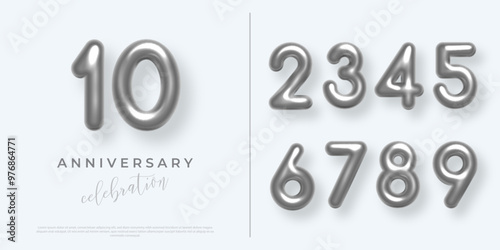 Birthday anniversary silver numbers set template with number 10. Celebration birthday vector background. Platinum numbers in form of balloons on gray. Party invitation, greeting card, poster, event.