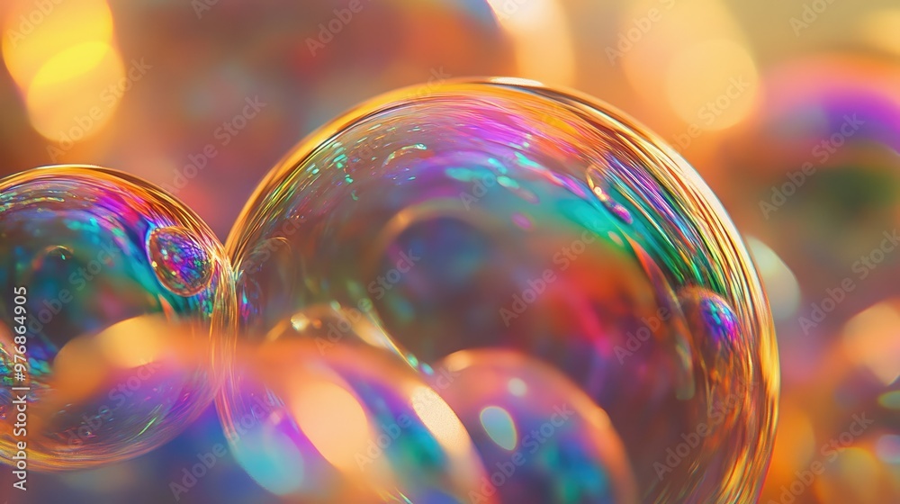 Macro view of multicolored, transparent hologram soap bubbles, showcasing their iridescent colors and delicate texture Macro view of multicolored, transparent hologram soap bubbles, showcasing their iridescent colors and delicate texture