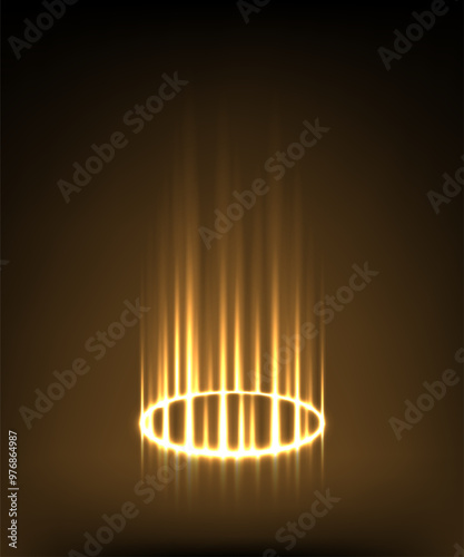 Golden light portal effect to another dimension. Neon gold hologram teleport for game. Yellow magic energy ring with glow vertical rays. Abstract luminous futuristic fantasy podium with sparkle beams.