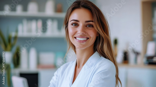  Smiling dermatologist and cosmetologist in a modern clinic