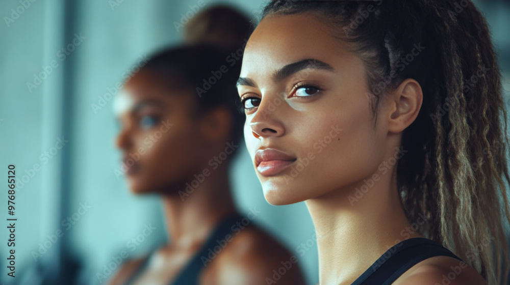Focused young women in fitness class, diverse backgrounds Focused young women in fitness class, diverse backgrounds