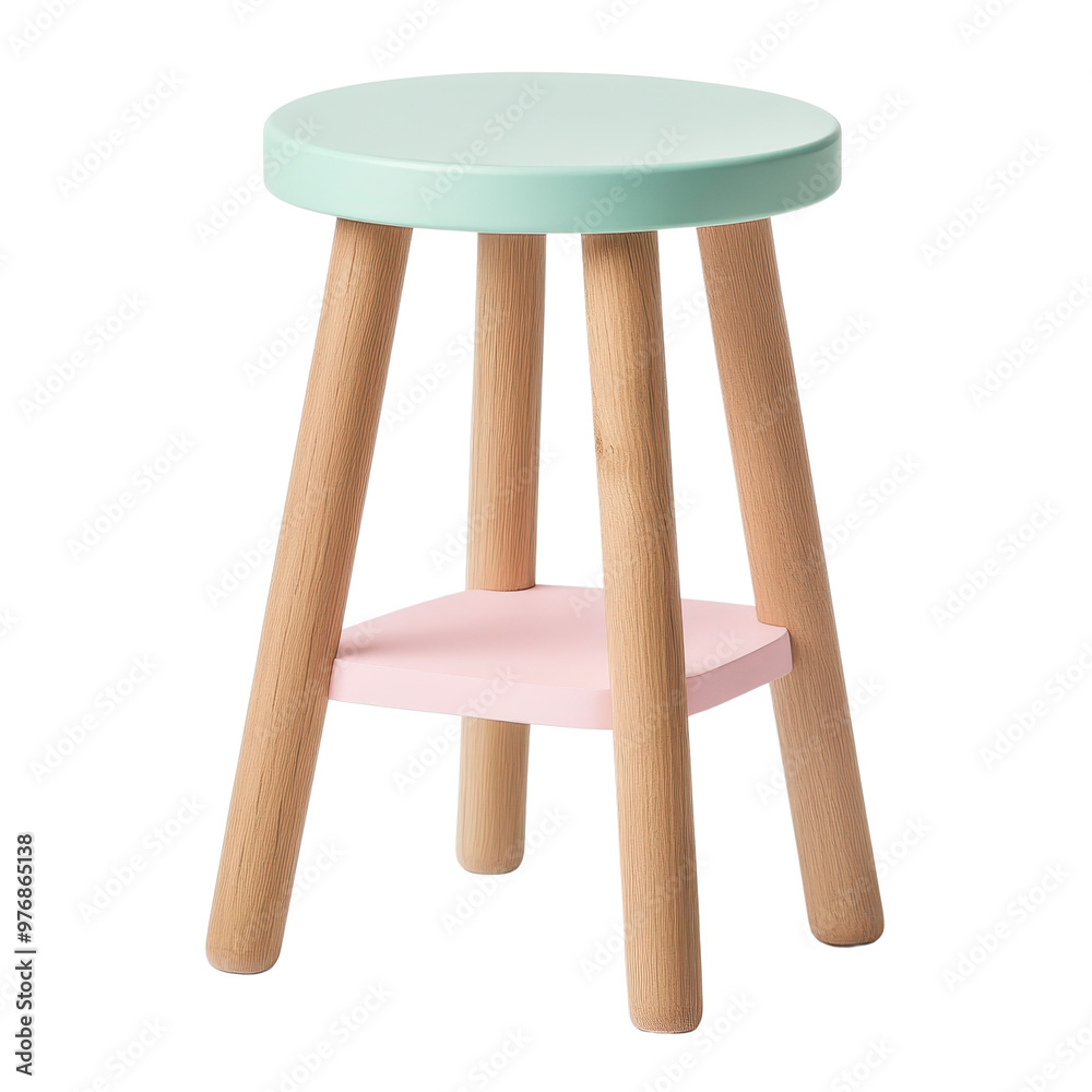 A stylish, colorful stool with a round top and wooden legs, perfect for modern interiors and cheerful decor. A stylish, colorful stool with a round top and wooden legs, perfect for modern interiors and cheerful decor.
