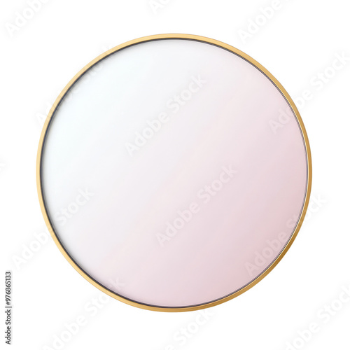 Elegant round mirror with a sleek pink tint and a golden frame, perfect for interior decor and modern home styling. photo